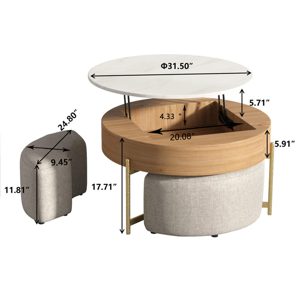 Lift-Top Round Coffee Table with Hidden Storage & 3 Upholstered Stools – 2 Color Options (Black/Natural Wood)