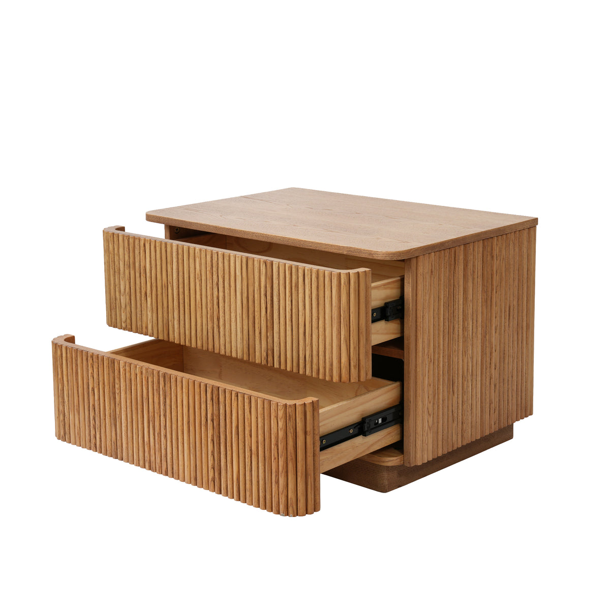 Fluted Wood 2-Drawer Nightstand, Smooth Curved Trim Wooden Bedside Storage Cabinet for Minimalist Bedroom
