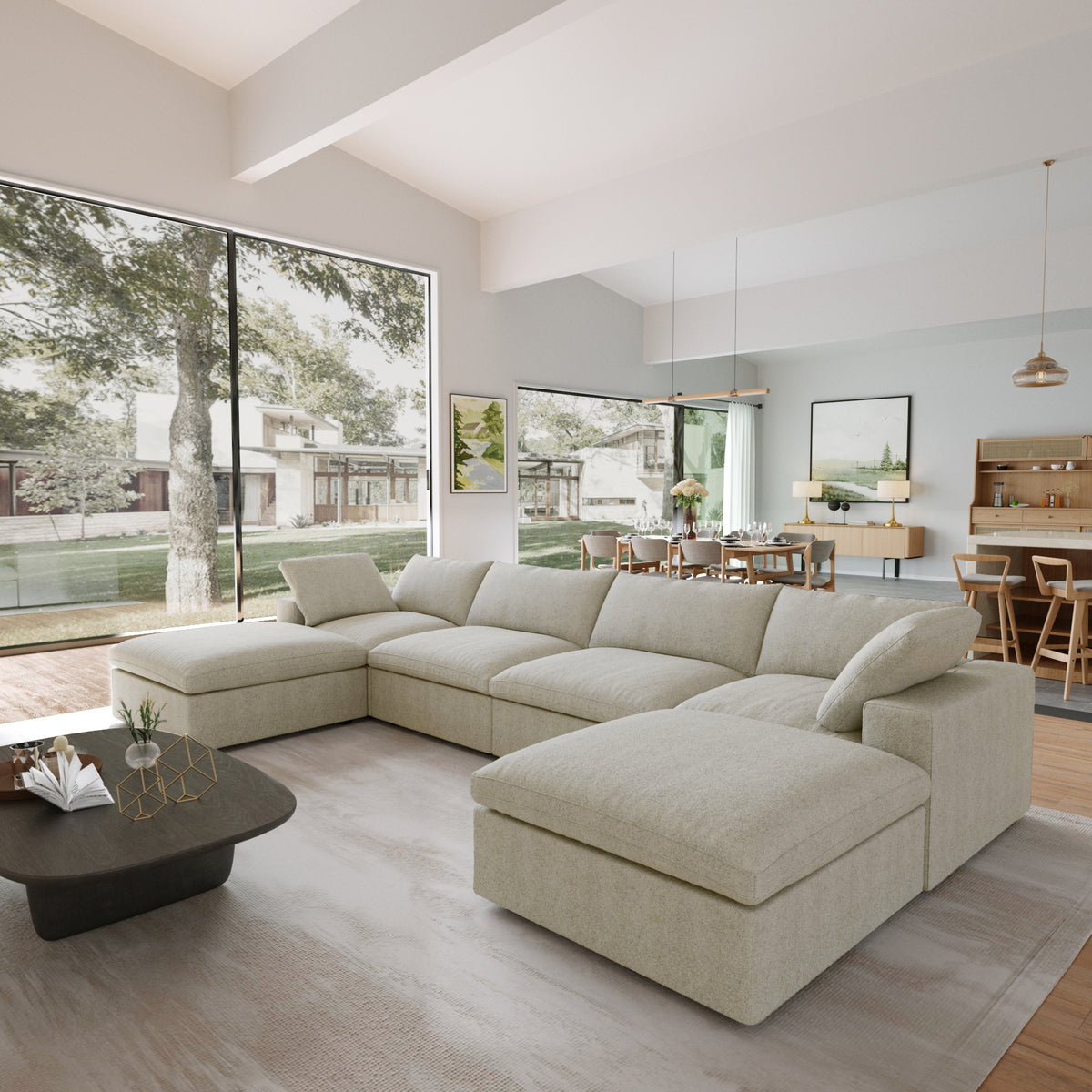 Sky Cloud Sectional Sofa | Pet-Friendly Cover 160-Inch Linen U-Shaped Sectionals 6-Seaters