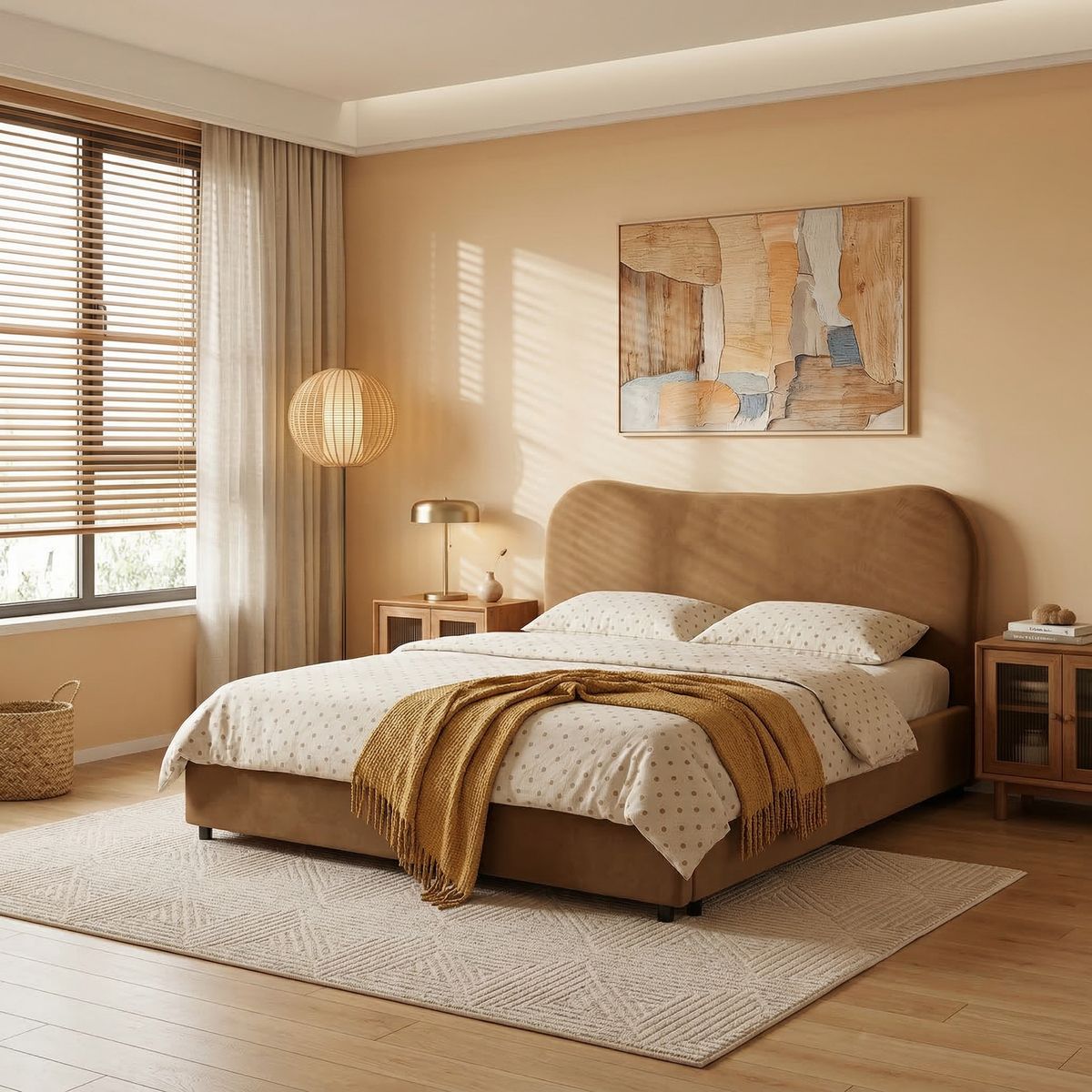 Wave-Shaped Upholstered Platform Bed – 2 Color Options, Queen & King Size
