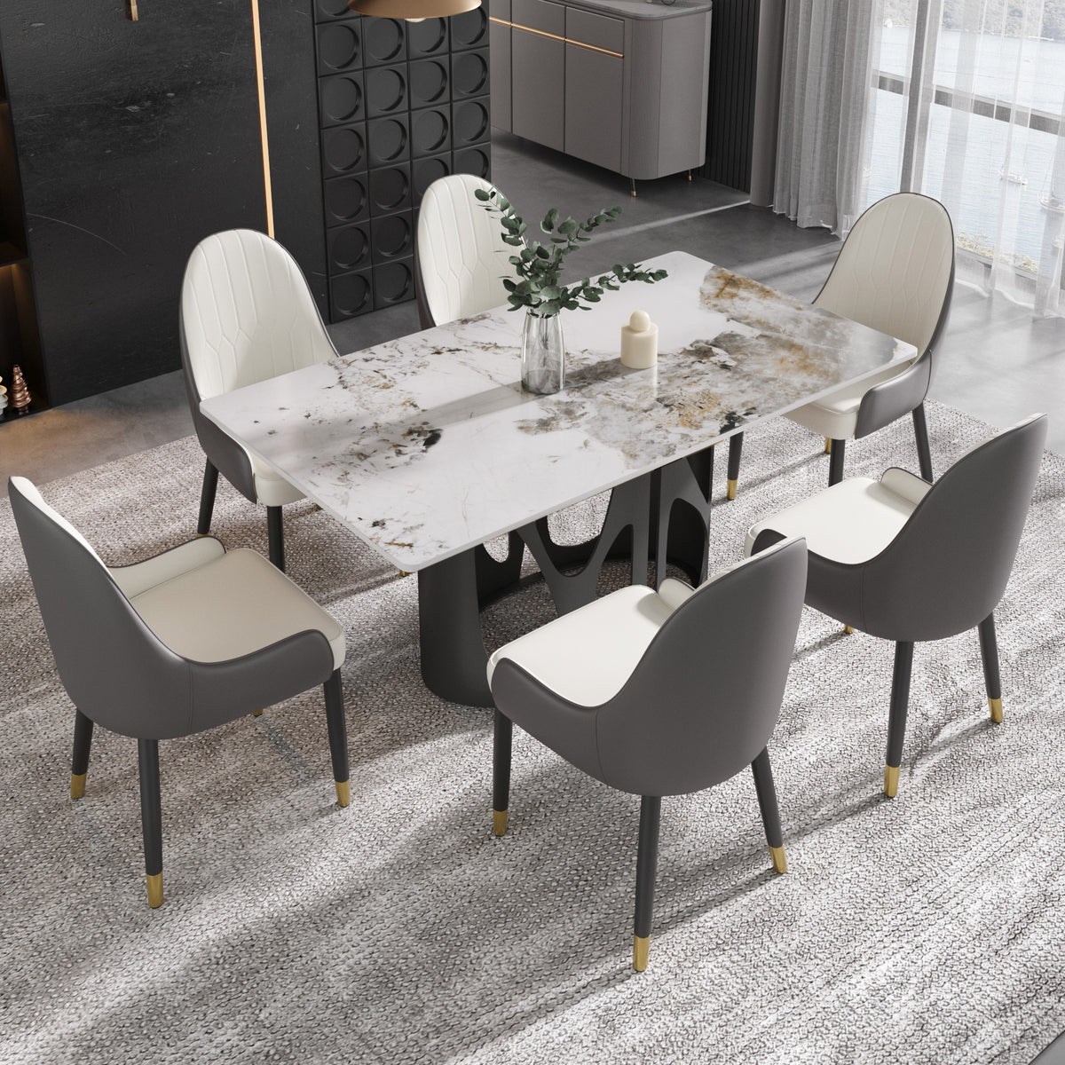 2 Sizes & 3 Colors Rectangular Dining Table – Artistic Cutout Metal Pedestal Base