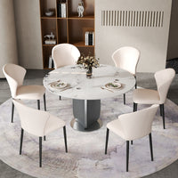 2 Sizes & 3 Colors Round Sintered Stone Dining Table – Optional Rotating Lazy Susan, Polished Gray Stainless Steel Pedestal Base, Marble Pattern Tabletop for Home Kitchen & Dining Room