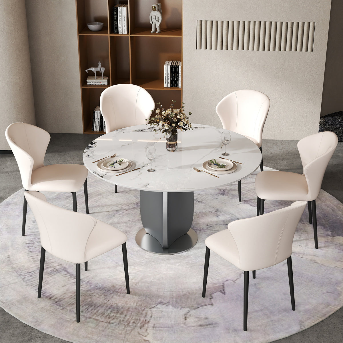 2 Sizes & 3 Colors Round Sintered Stone Dining Table – Optional Rotating Lazy Susan, Polished Gray Stainless Steel Pedestal Base, Marble Pattern Tabletop for Home Kitchen & Dining Room