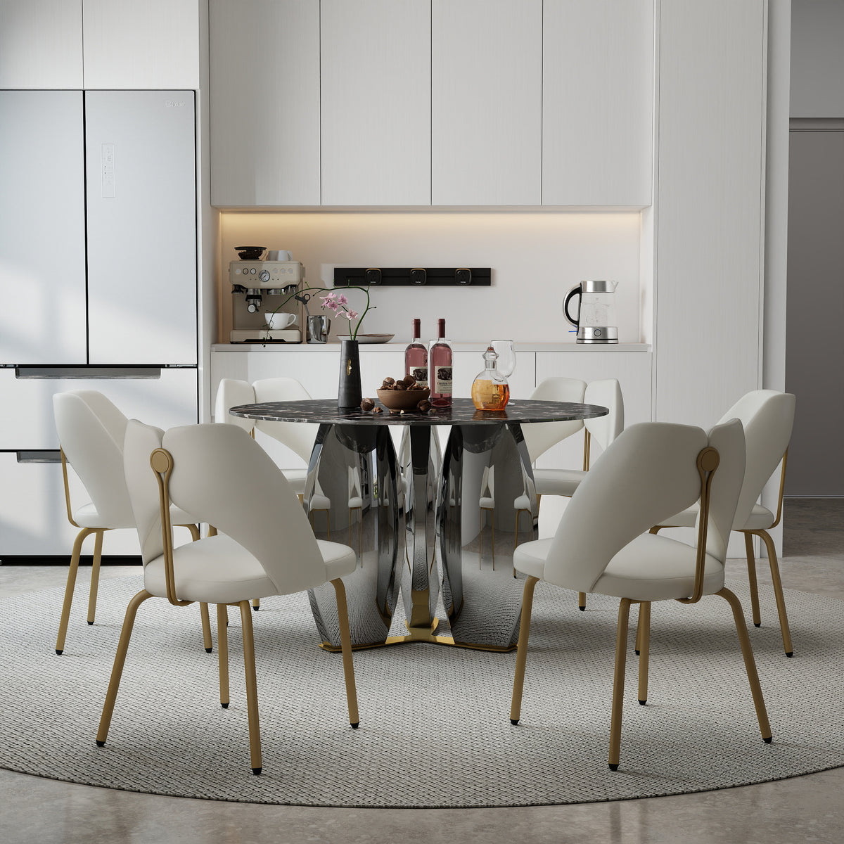 Mirrored Base Round Dining Table – 2 Color/Size Marble Tabletop Options, Optional Lazy Susan