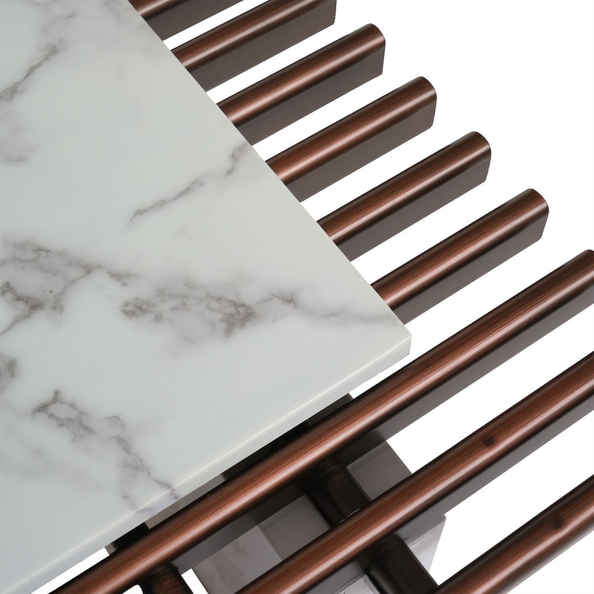 Slatted Coffee Table with Artificial Marble Tops & Iron Legs – Modern Center Table