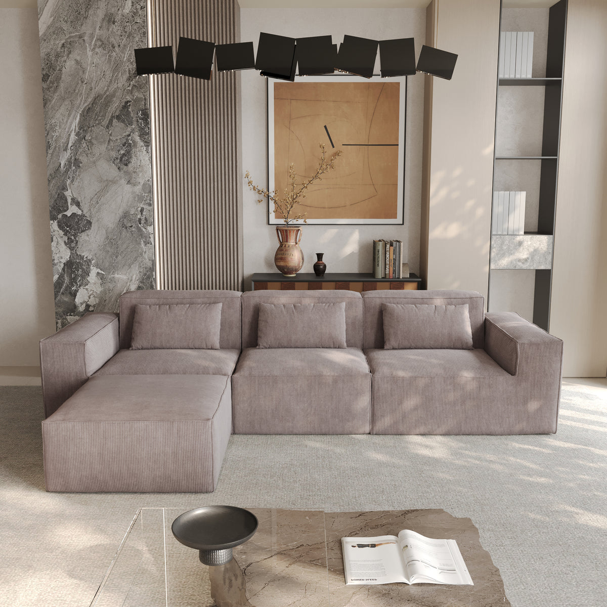 Compressible Modular Sectional Sofa – Cloud Velvet Fabric + Flexible Assembly, Minimalist Relaxed Vibe Living Room Sofa