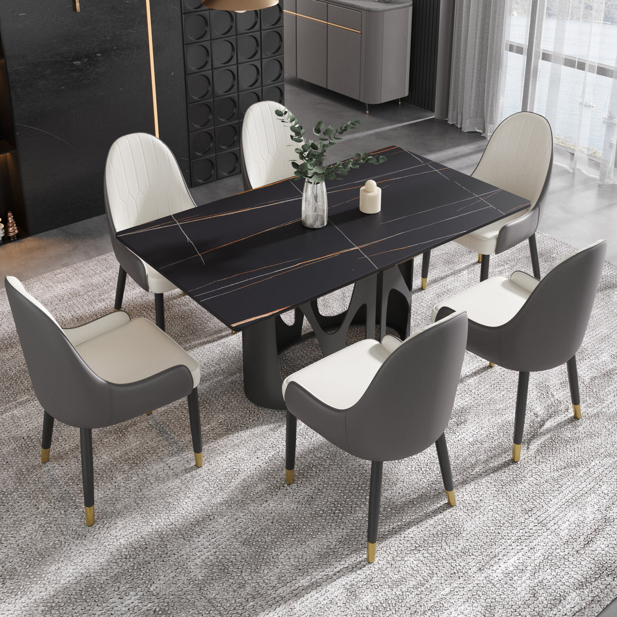 2 Sizes & 3 Colors Rectangular Dining Table – Artistic Cutout Metal Pedestal Base