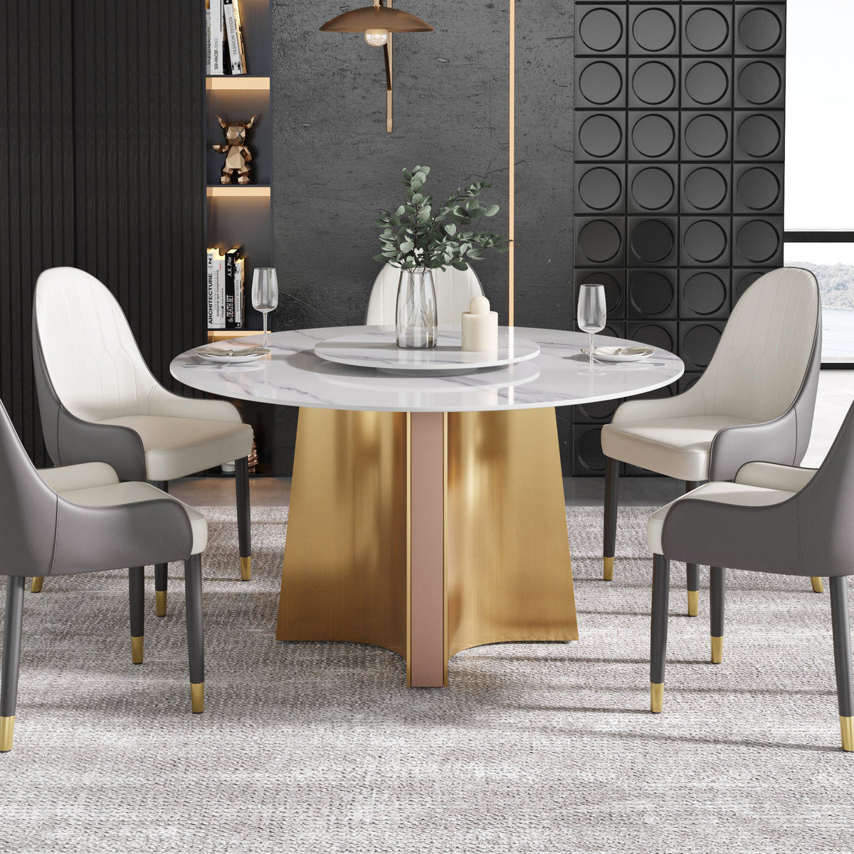 2 Sizes & 3 Colors Round Sintered Stone Dining Table – Optional Rotating Lazy Susan, Gold-Rose Gold Pedestal Base for Luxury Home