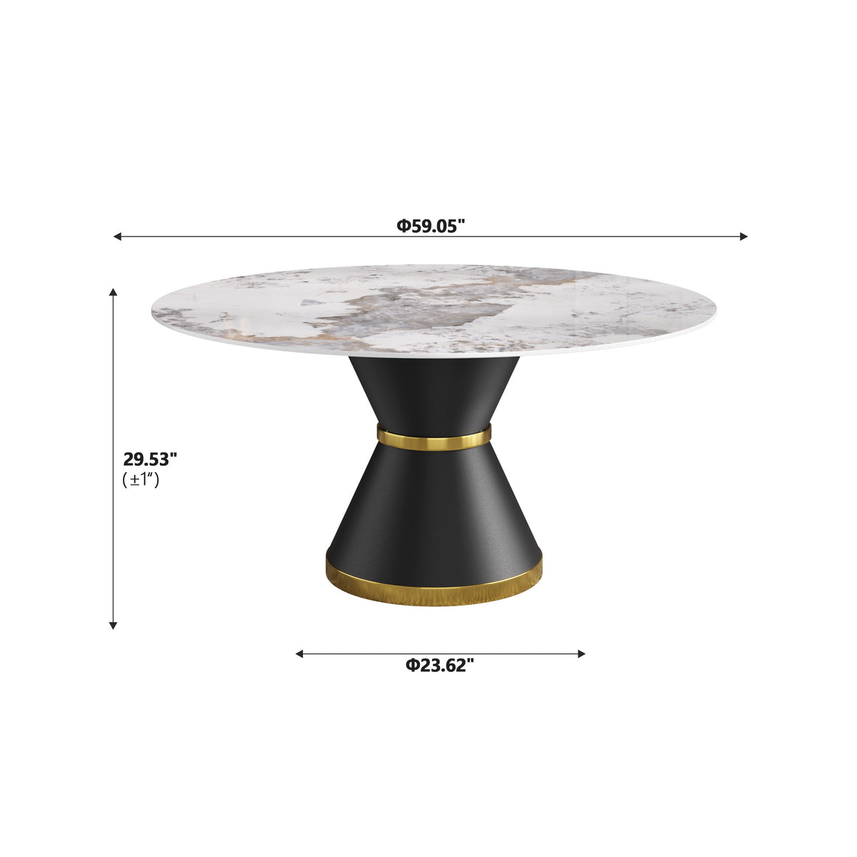2 Sizes Round Sintered Stone Dining Table – Optional Rotating Lazy Susan, 2 Colors (Black/White) Pedestal Base with Gold Trim, Marble Pattern Tabletop