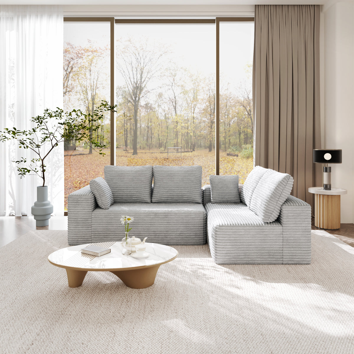 Modern Horizontal-Rib Fabric 4-Seater Sofa – 4-Color Options, Modular Upholstered Sofa for Living Room