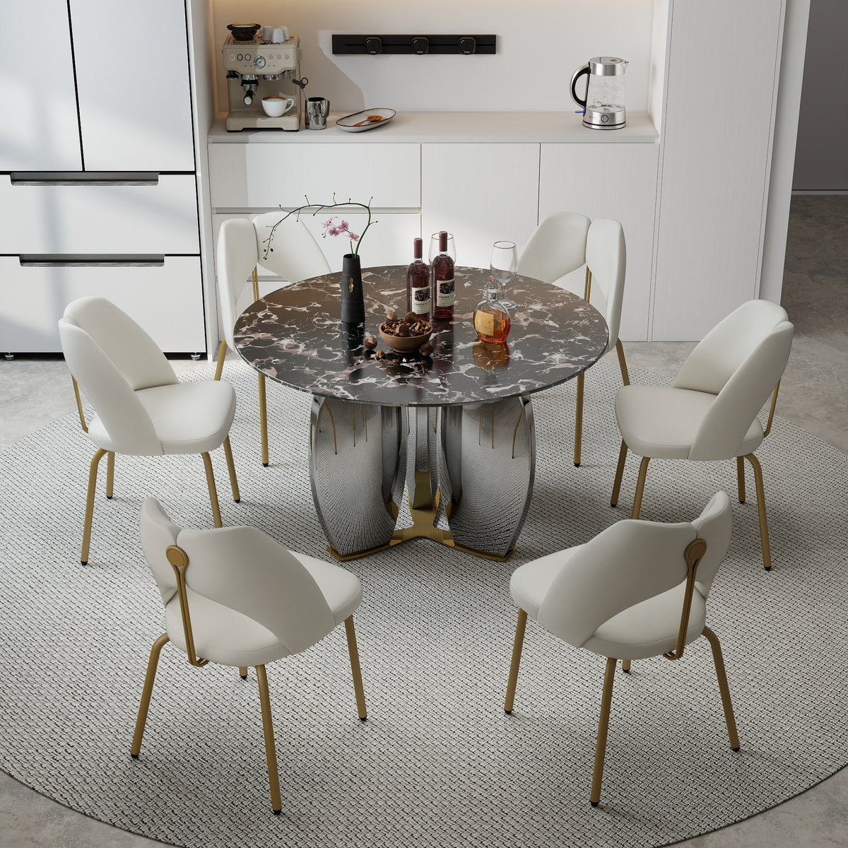 Mirrored Base Round Dining Table – 2 Color/Size Marble Tabletop Options, Optional Lazy Susan