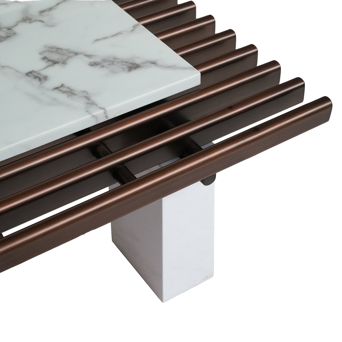 Slatted Coffee Table with Artificial Marble Tops & Iron Legs – Modern Center Table