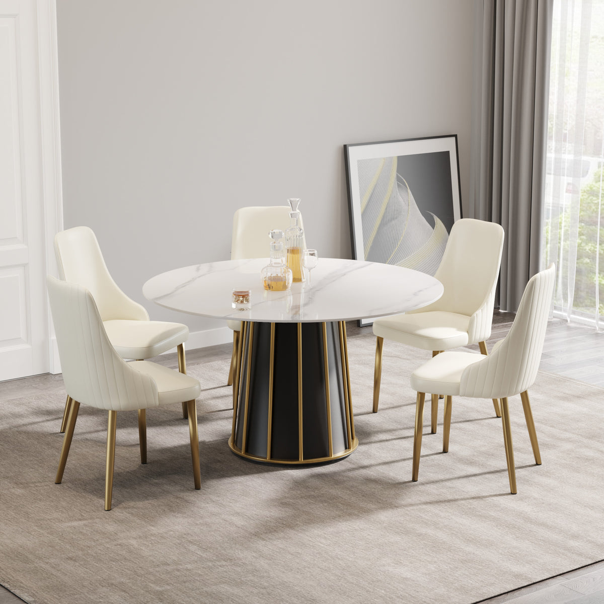2 Sizes & 3 Colors Round Marble-Pattern Dining Table – Optional Rotating Lazy Susan, Black & Gold Metal Pedestal Base