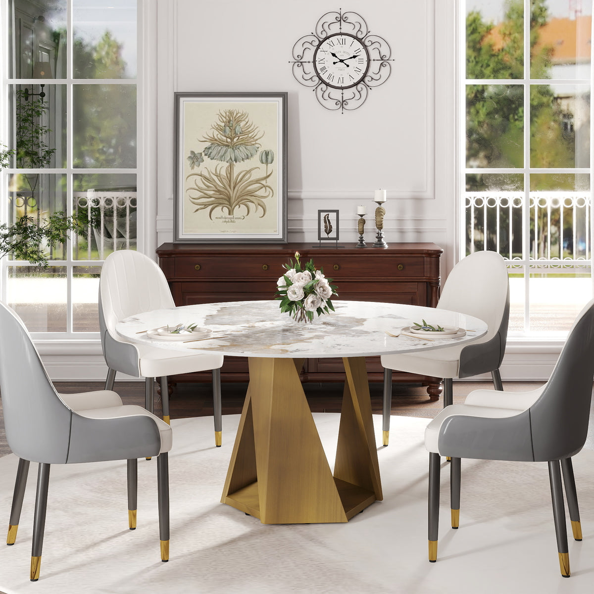 3 Color Round Tabletop Dining Table (53/59inch) – Optional Rotating Lazy Susan, 2-Tone Legs (Black/Antique Brass) for Modern Home