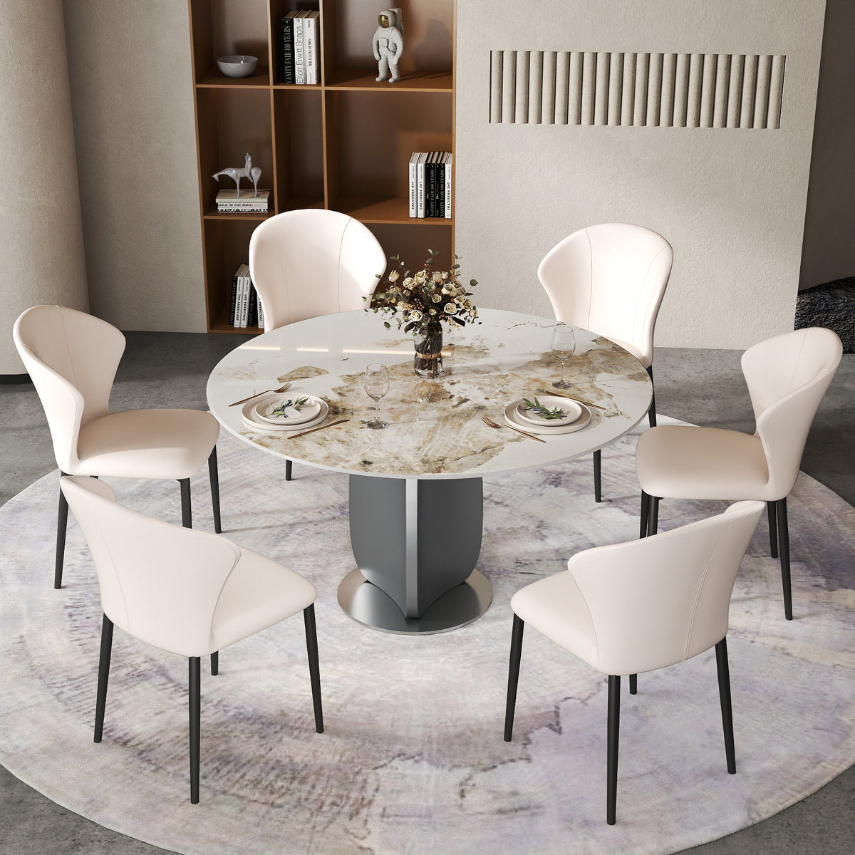 2 Sizes & 3 Colors Round Sintered Stone Dining Table – Optional Rotating Lazy Susan, Polished Gray Stainless Steel Pedestal Base, Marble Pattern Tabletop for Home Kitchen & Dining Room