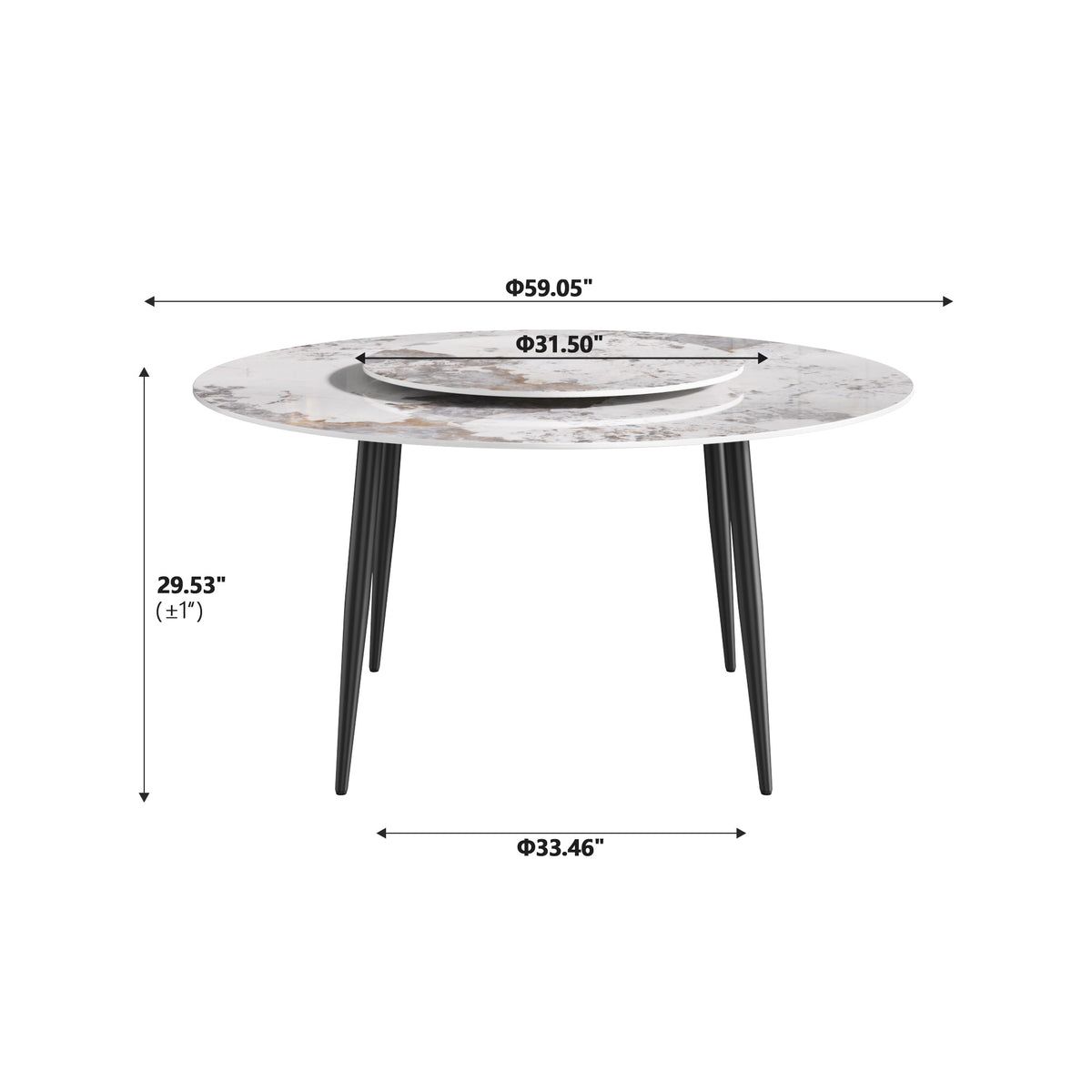 2 Sizes Round Sintered Stone Dining Table – Optional Rotating Lazy Susan, Black Metal Legs, Marble Pattern Tabletop for Modern Home