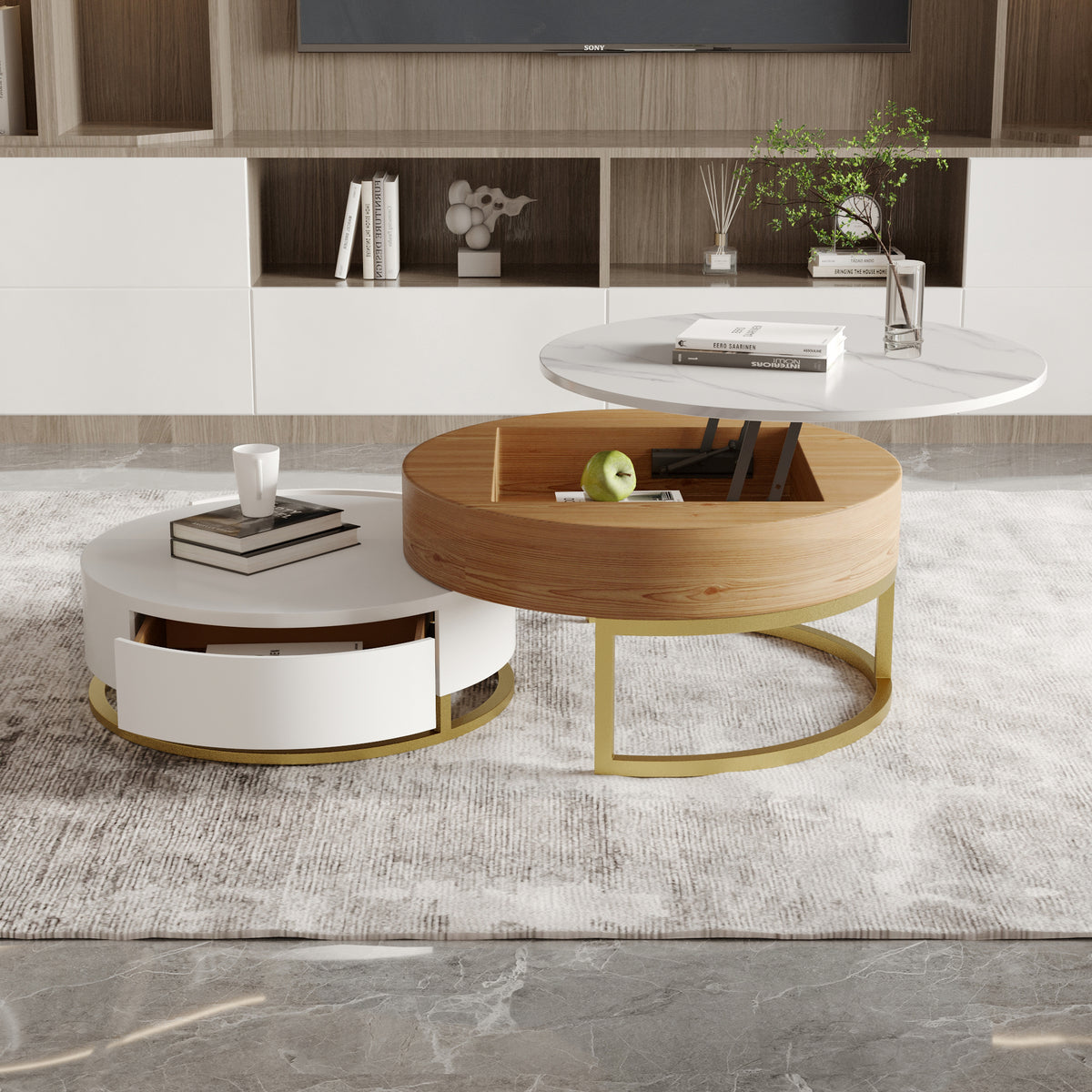 Lift-Top Nesting Coffee Table with Storage – 2 Tabletop Options (Black/White Sintered Stone)