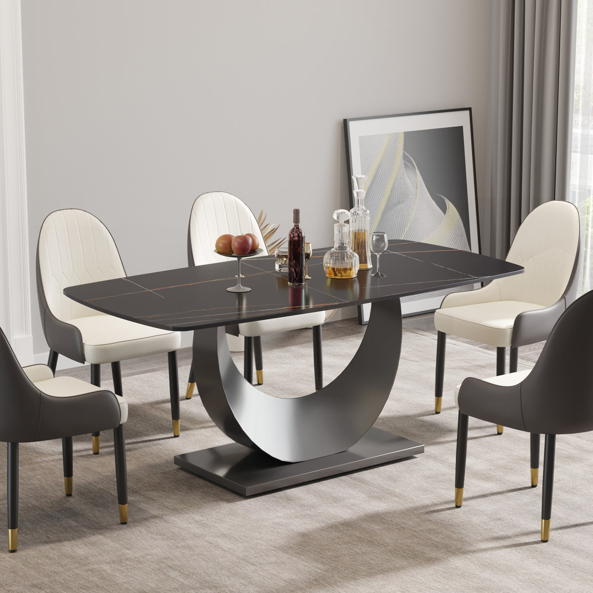 63″ Light Luxury Sintered Stone Dining Table with Stainless Steel Base,Dining Table for 6 Person for Dining Room, White Tabletop