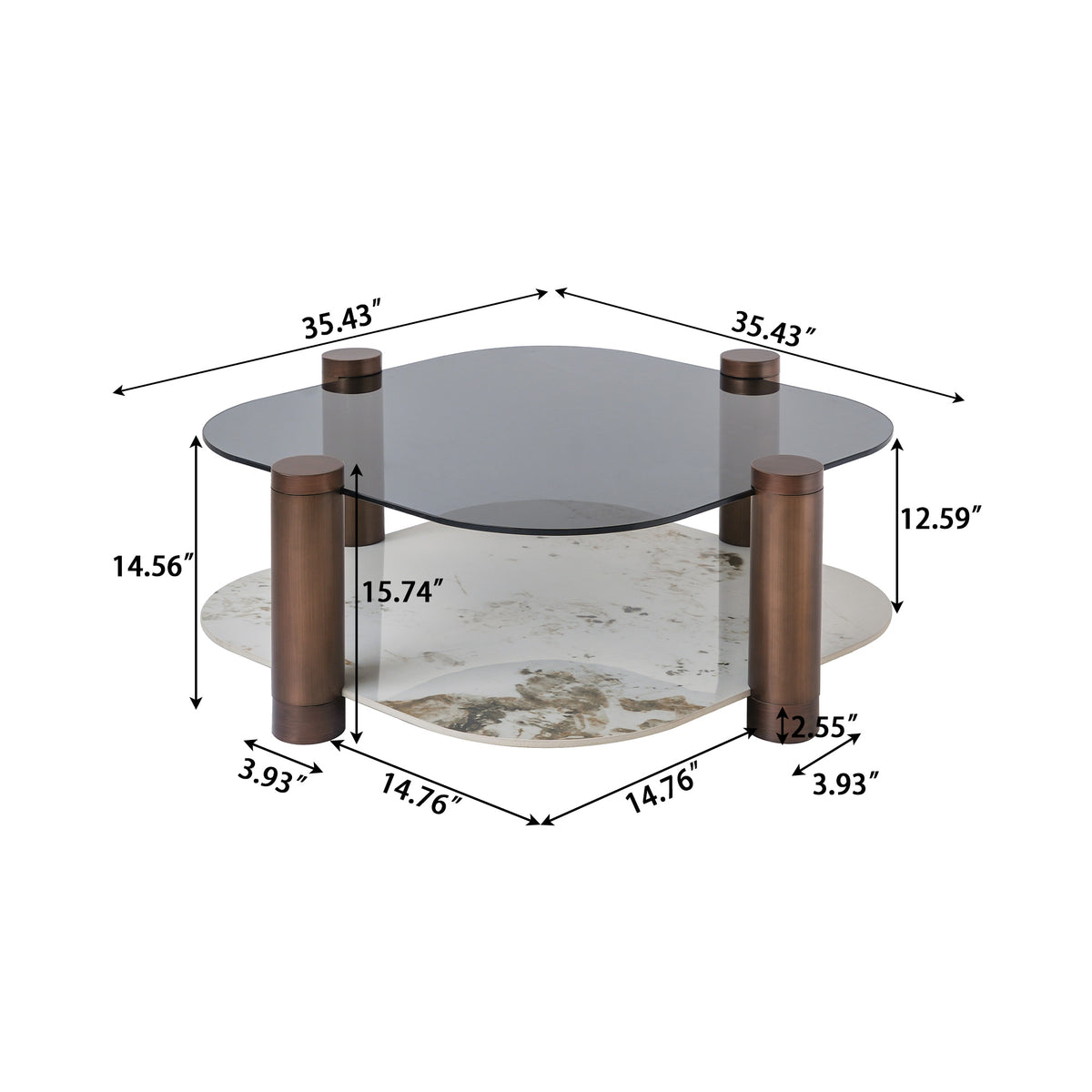 Two-Tier Coffee Table with Glass & Artificial Marble Tops, 2 Color Options (Bronze/White)