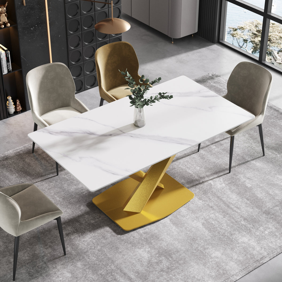 3 Sizes & 3 Colors Rectangular Dining Table – 2-Tone X-Shaped Metal Pedestal Base