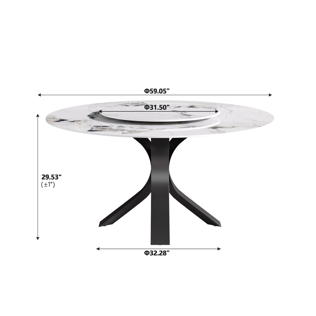 2 Sizes & 3 Colors Round Marble-Pattern Dining Table – Optional Rotating Lazy Susan, 2-Tone X-Shaped Metal Legs