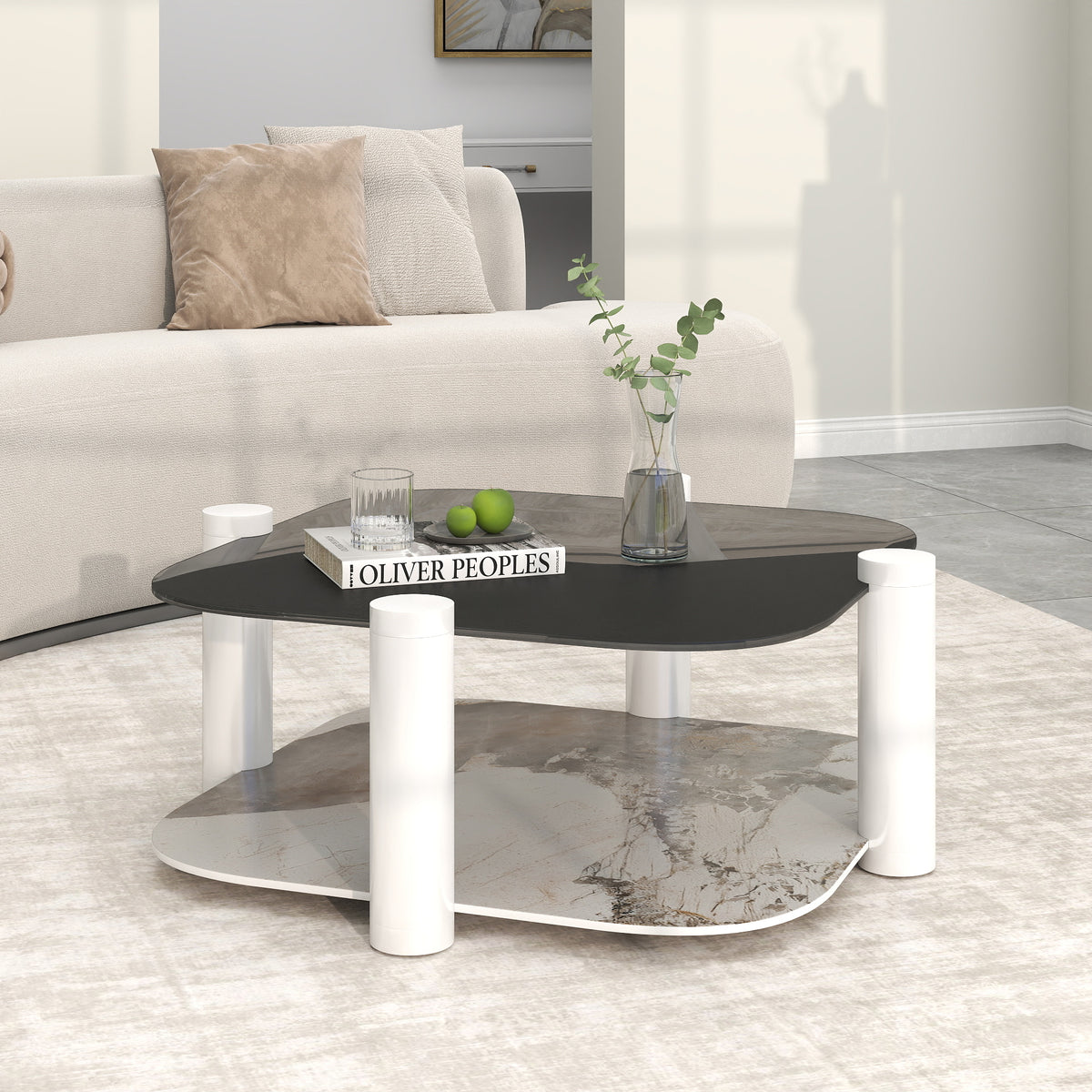 Two-Tier Coffee Table with Glass & Artificial Marble Tops, 2 Color Options (Bronze/White)