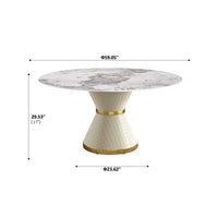 2 Sizes Round Sintered Stone Dining Table – Optional Rotating Lazy Susan, 2 Colors (Black/White) Pedestal Base with Gold Trim, Marble Pattern Tabletop