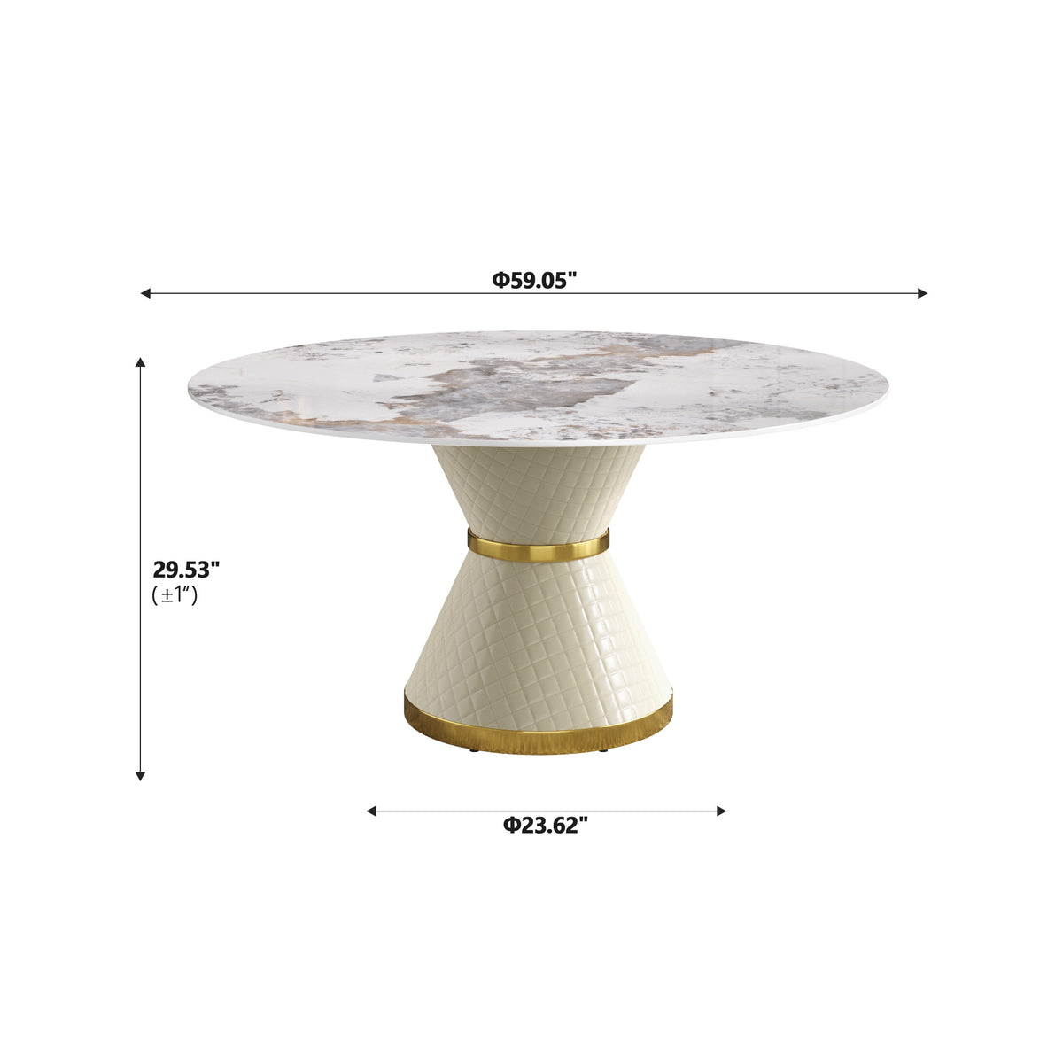 2 Sizes Round Sintered Stone Dining Table – Optional Rotating Lazy Susan, 2 Colors (Black/White) Pedestal Base with Gold Trim, Marble Pattern Tabletop