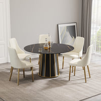 2 Sizes & 3 Colors Round Marble-Pattern Dining Table – Optional Rotating Lazy Susan, Black & Gold Metal Pedestal Base