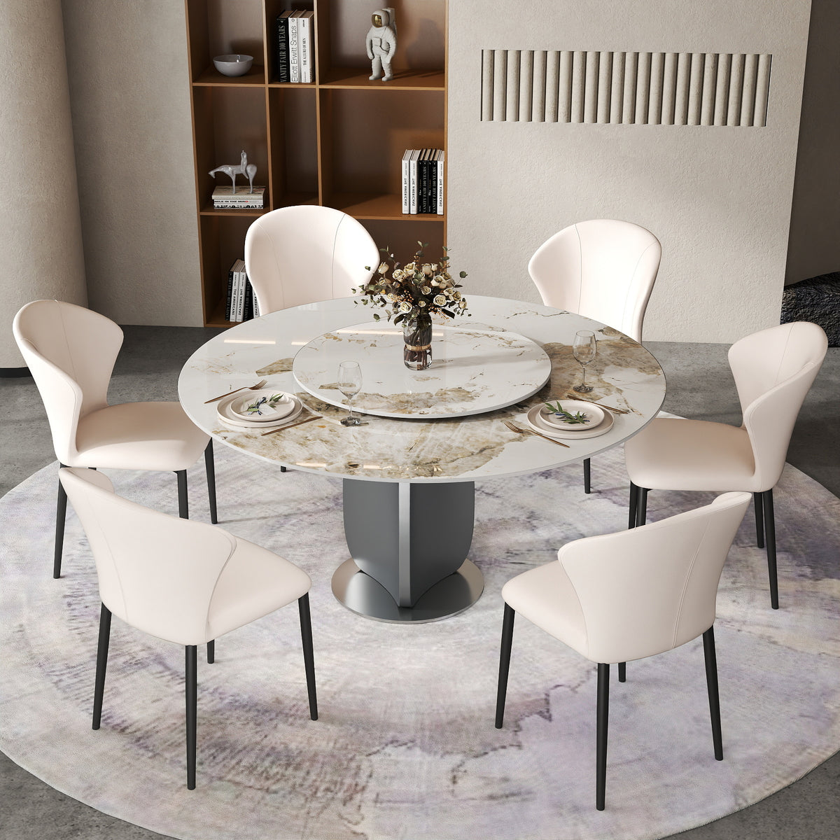 2 Sizes & 3 Colors Round Sintered Stone Dining Table – Optional Rotating Lazy Susan, Polished Gray Stainless Steel Pedestal Base, Marble Pattern Tabletop for Home Kitchen & Dining Room