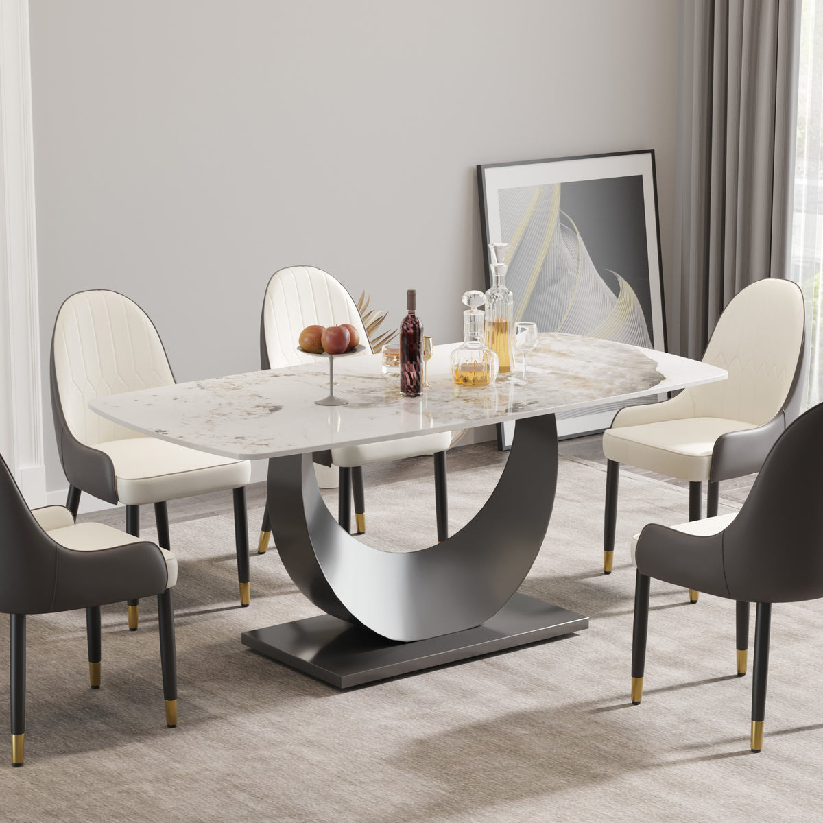63″ Light Luxury Sintered Stone Dining Table with Stainless Steel Base,Dining Table for 6 Person for Dining Room, White Tabletop