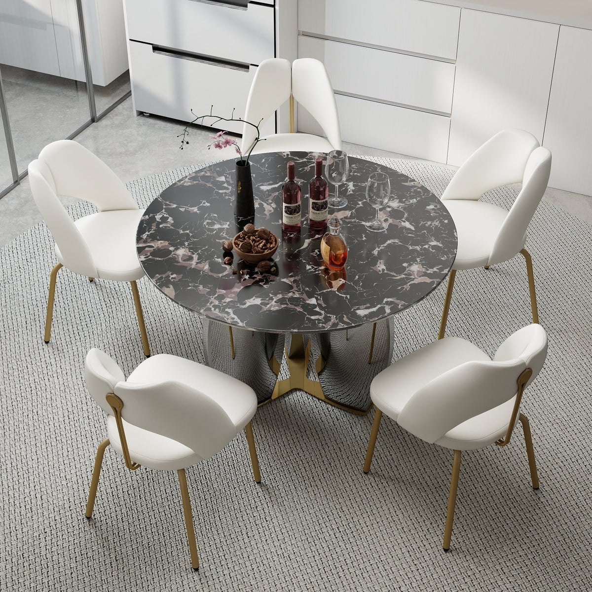 Mirrored Base Round Dining Table – 2 Color/Size Marble Tabletop Options, Optional Lazy Susan