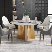 2 Sizes & 3 Colors Round Sintered Stone Dining Table – Optional Rotating Lazy Susan, Gold-Rose Gold Pedestal Base for Luxury Home