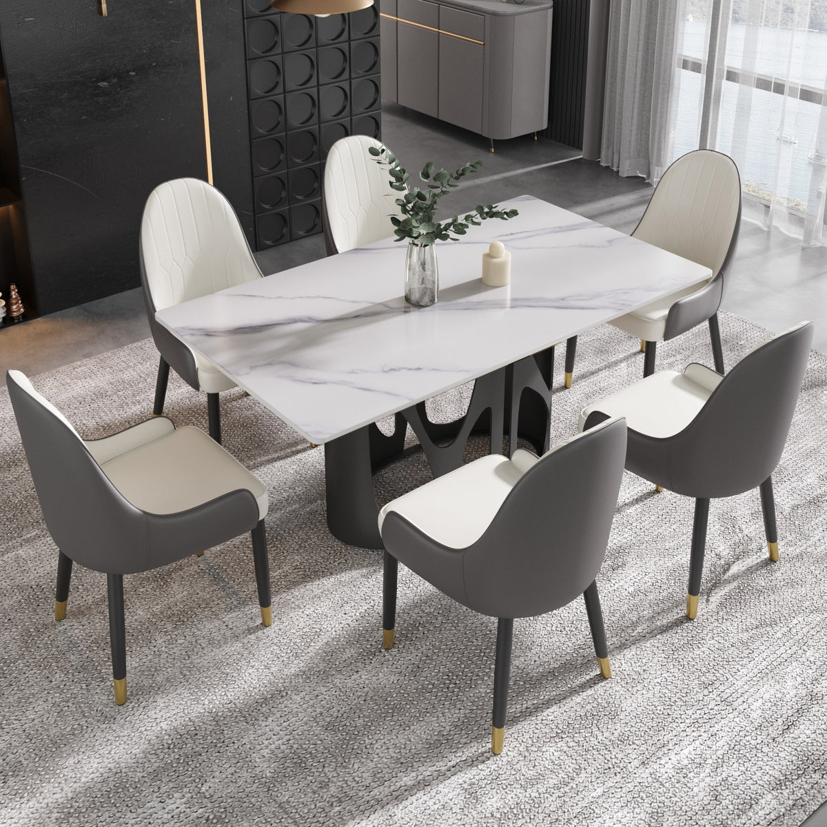 2 Sizes & 3 Colors Rectangular Dining Table – Artistic Cutout Metal Pedestal Base