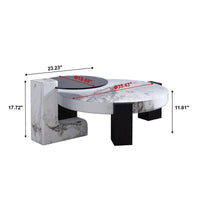 Black & White Veined Laminate Round Coffee Table – Contrast Block Legs Center Table