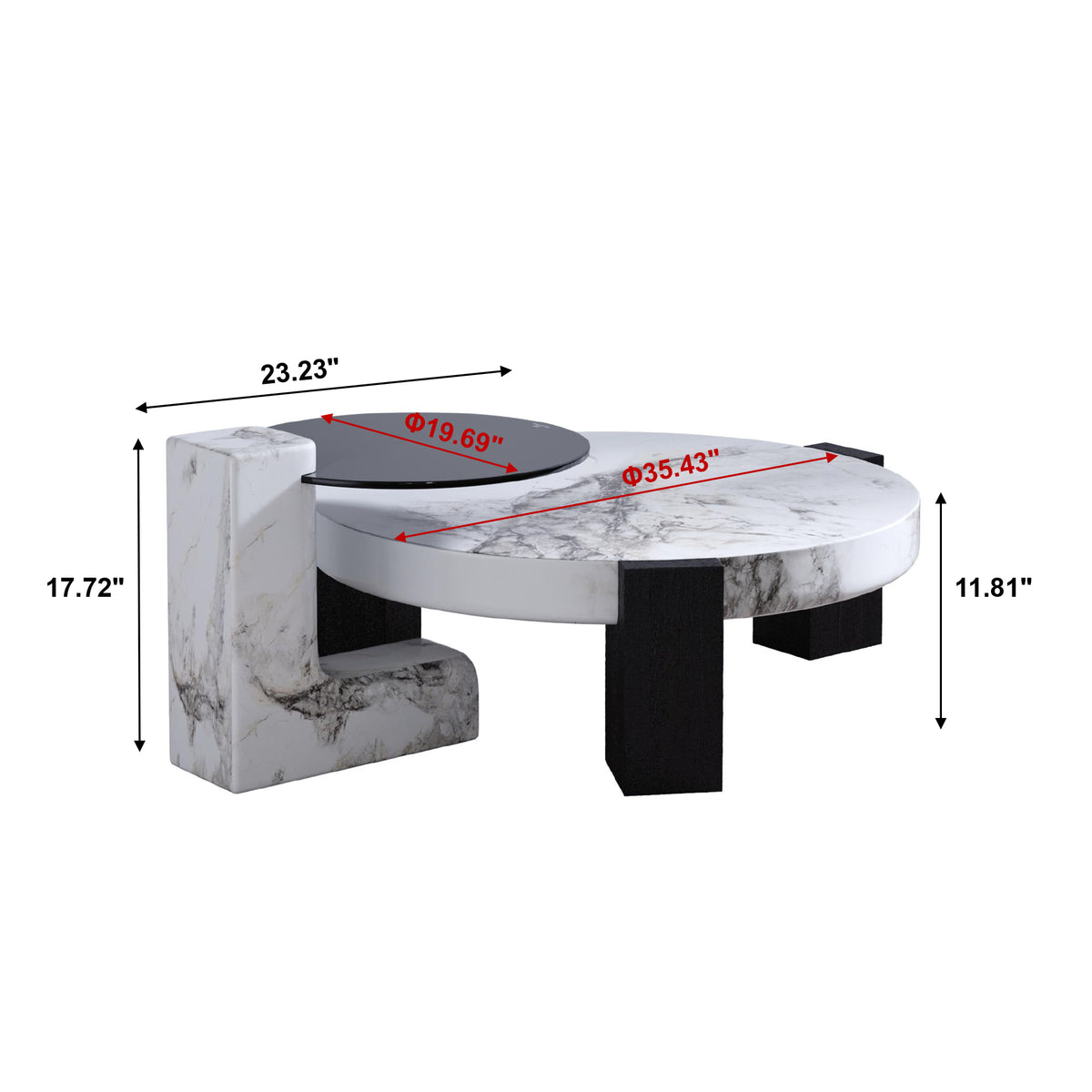 Black & White Veined Laminate Round Coffee Table – Contrast Block Legs Center Table