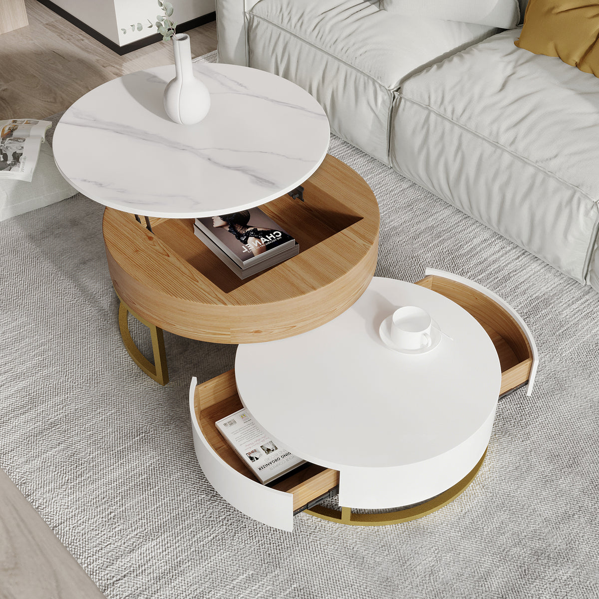 Lift-Top Nesting Coffee Table with Storage – 2 Tabletop Options (Black/White Sintered Stone)