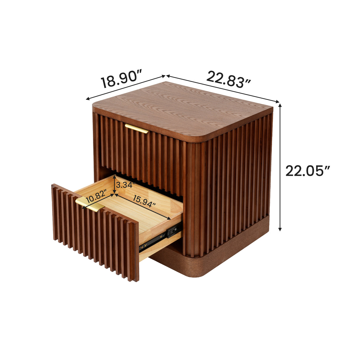 Fluted Solid Wood Nightstand with 2 Drawers, Vintage Rounded Bedside Cabinet for Bedroom Storage