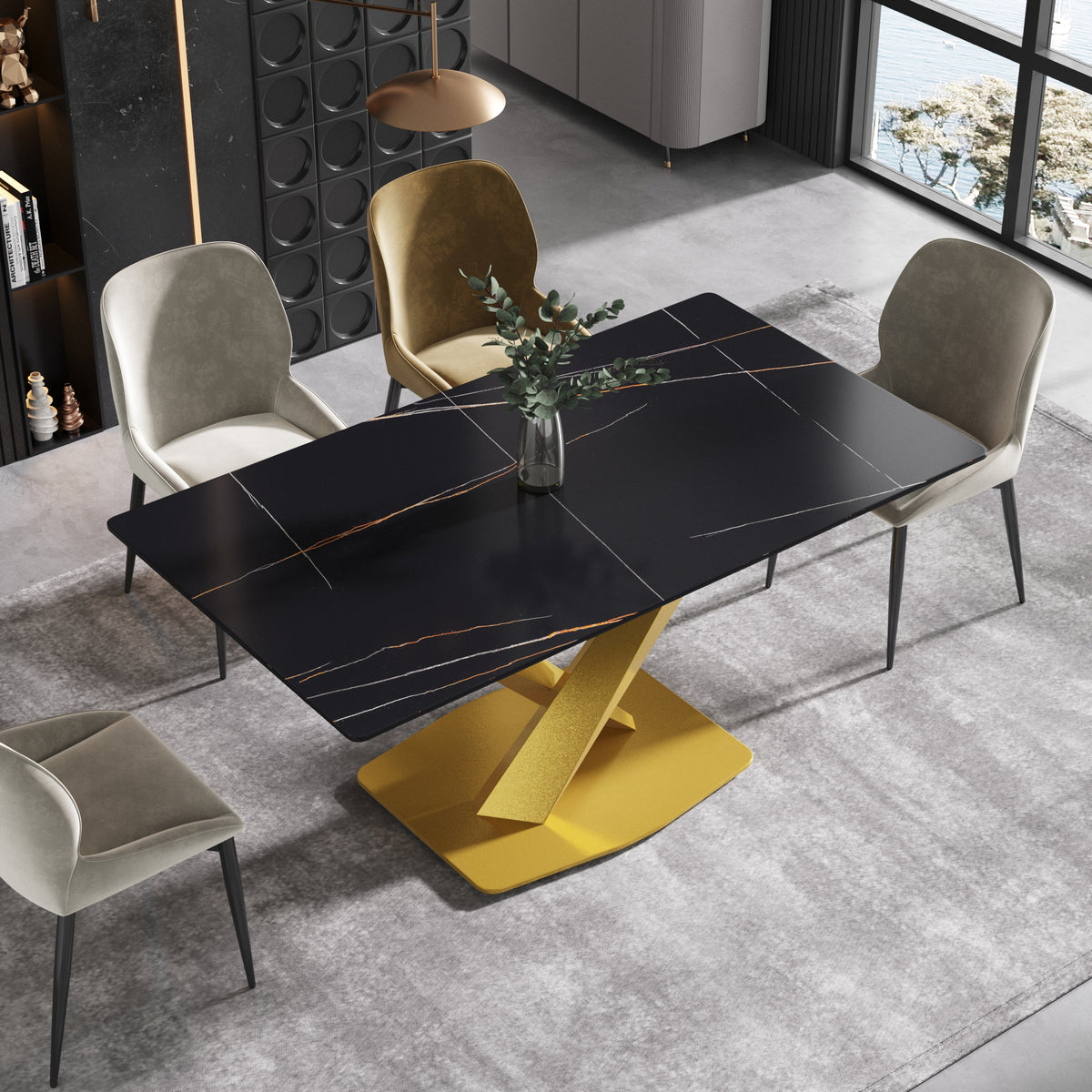 3 Sizes & 3 Colors Rectangular Dining Table – 2-Tone X-Shaped Metal Pedestal Base