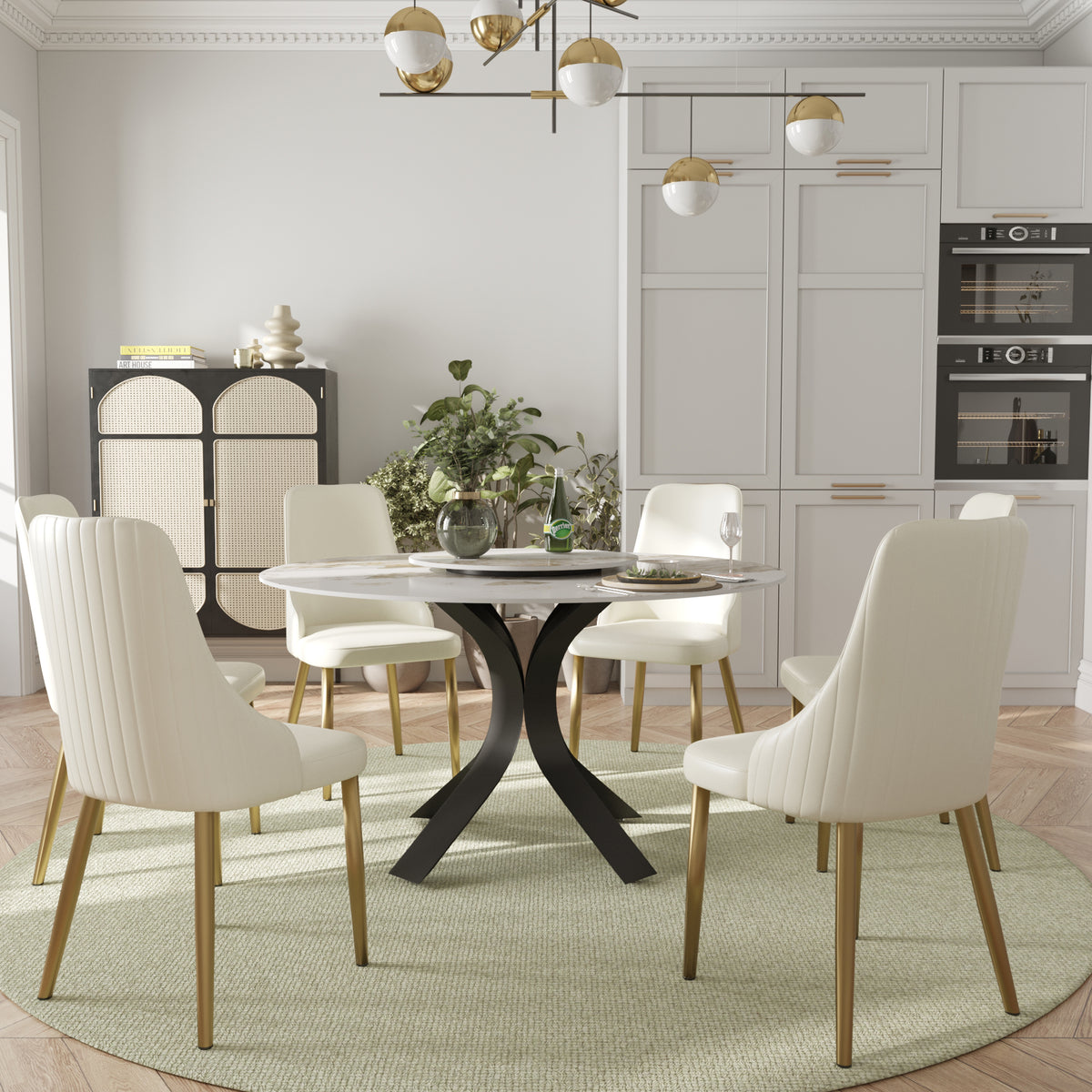 2 Sizes & 3 Colors Round Marble-Pattern Dining Table – Optional Rotating Lazy Susan, 2-Tone X-Shaped Metal Legs