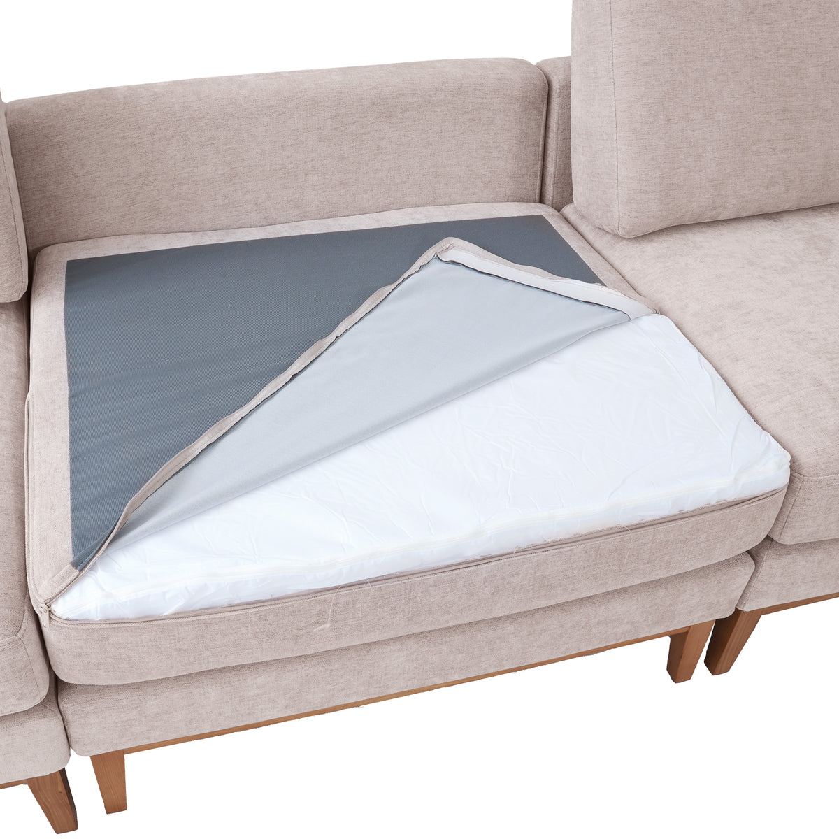 L-Shaped Linen-Look Sectional Sofa with Solid Wood Legs, Modular Chaise Couch for Living Room