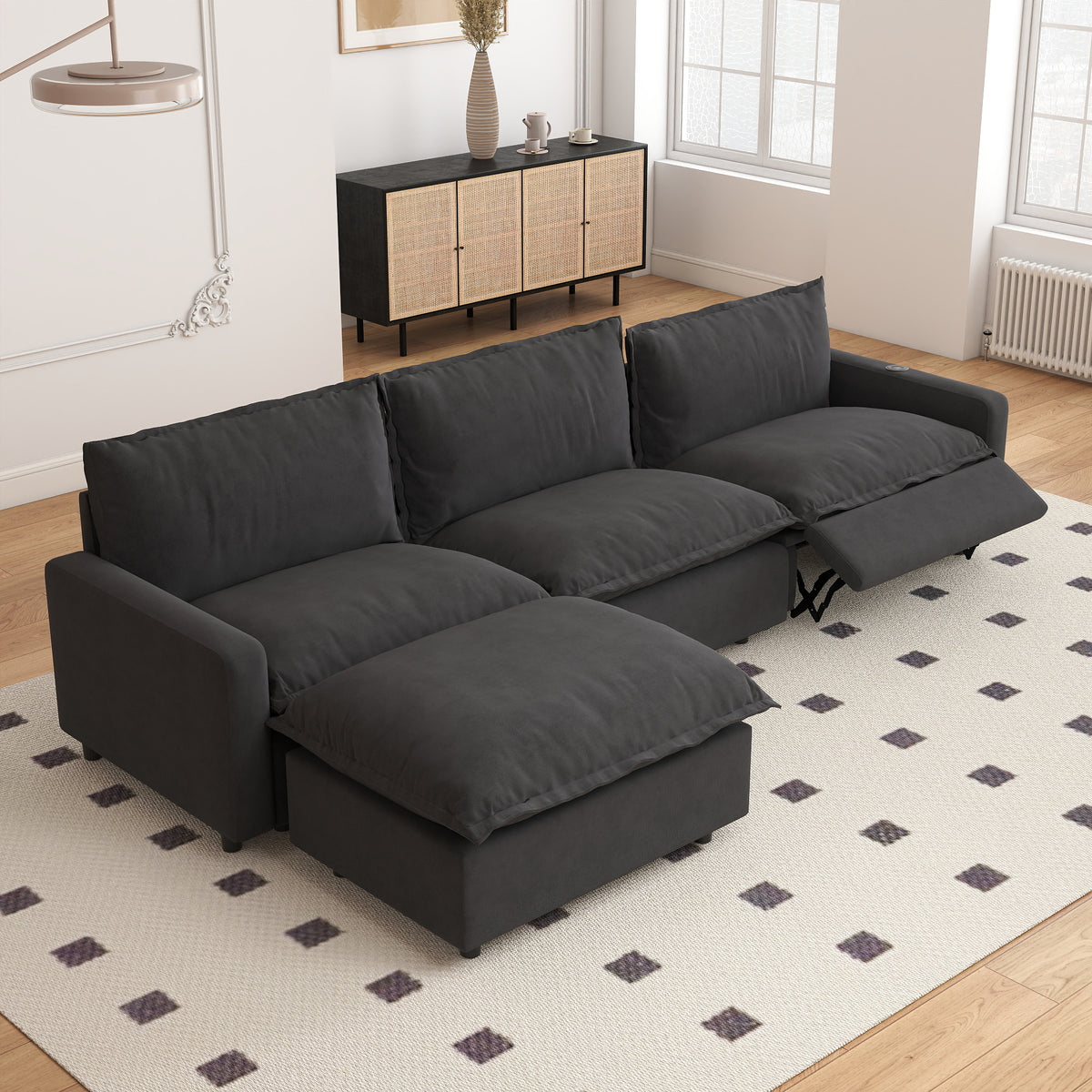 Solid Wood Frame L-Shaped Linen Sectional Sofa with Functional Recliner, Wireless Charging, Zero Gravity Recline & Seat Heating, 3 Color Options