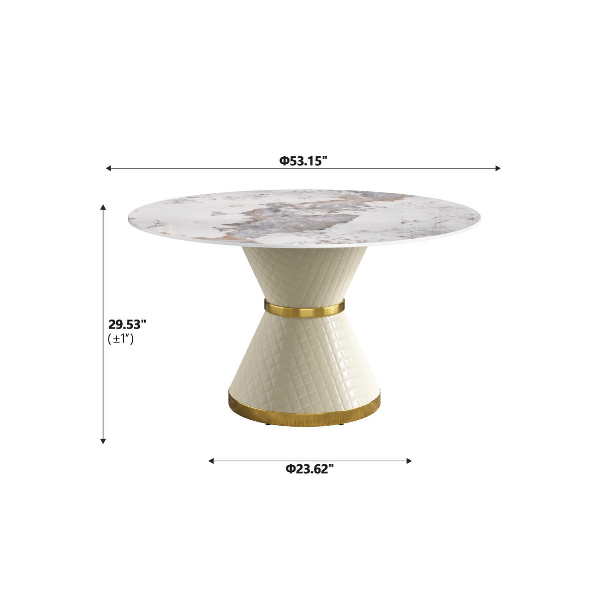 2 Sizes Round Sintered Stone Dining Table – Optional Rotating Lazy Susan, 2 Colors (Black/White) Pedestal Base with Gold Trim, Marble Pattern Tabletop