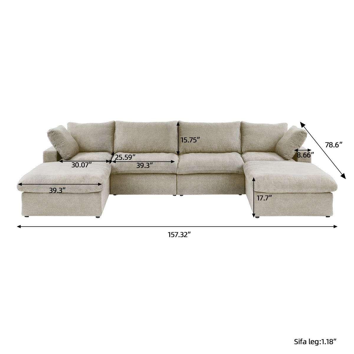 Sky Cloud Sectional Sofa | Pet-Friendly Cover 160-Inch Linen U-Shaped Sectionals 6-Seaters