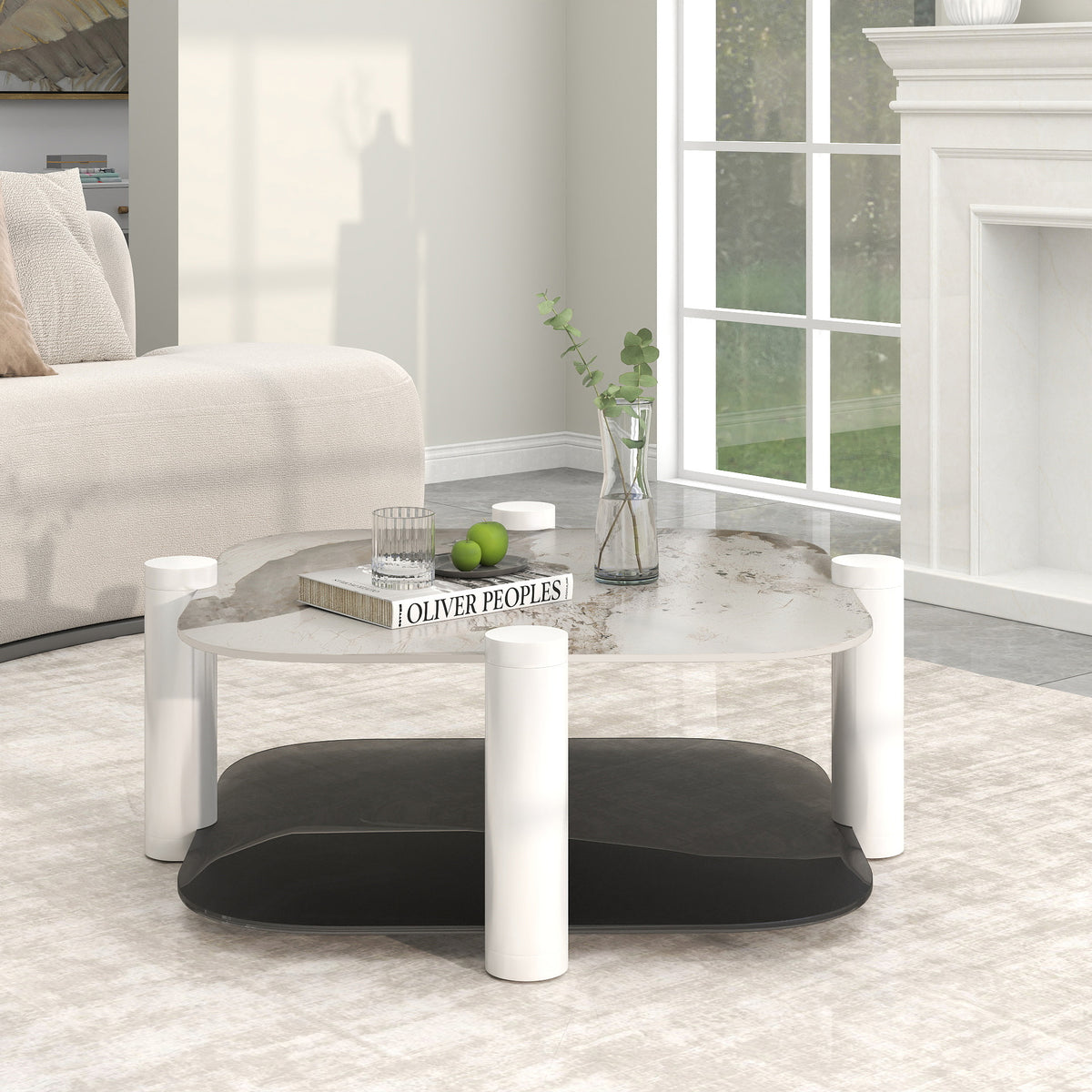 Two-Tier Coffee Table with Glass & Artificial Marble Tops, 2 Color Options (Bronze/White)