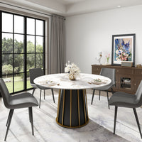 2 Sizes & 3 Colors Round Marble-Pattern Dining Table – Optional Rotating Lazy Susan, Black & Gold Metal Pedestal Base