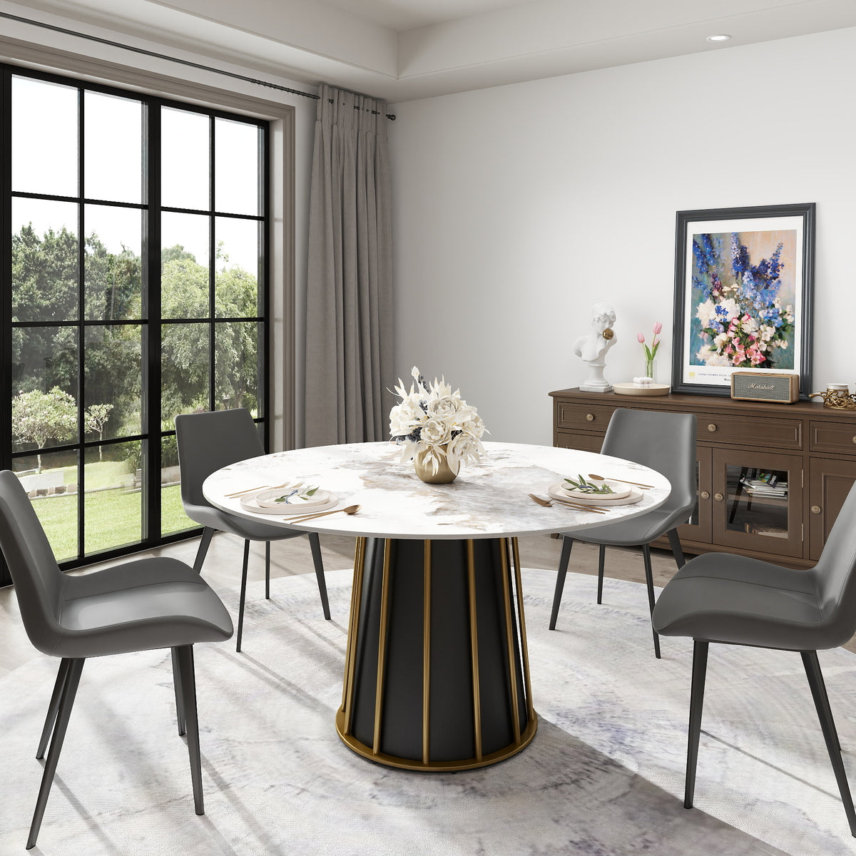 2 Sizes & 3 Colors Round Marble-Pattern Dining Table – Optional Rotating Lazy Susan, Black & Gold Metal Pedestal Base