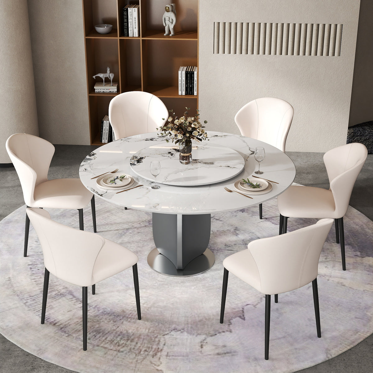 2 Sizes & 3 Colors Round Sintered Stone Dining Table – Optional Rotating Lazy Susan, Polished Gray Stainless Steel Pedestal Base, Marble Pattern Tabletop for Home Kitchen & Dining Room