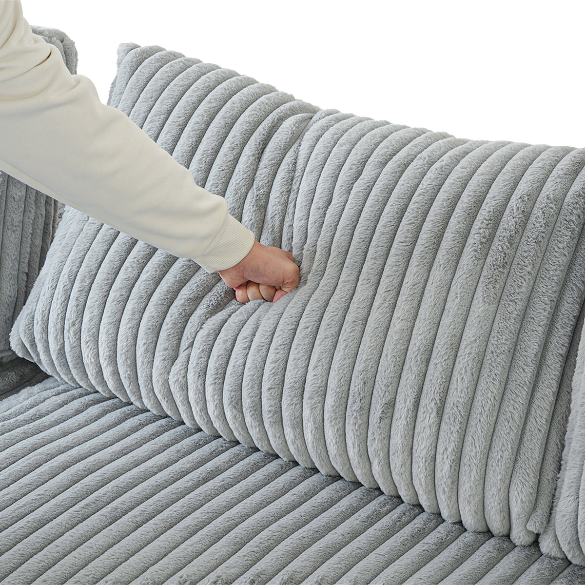L-Shaped Corduroy Modular Sofa with Ottoman – Cream White Ribbed Fabric, Sectional Sofa for Living Room