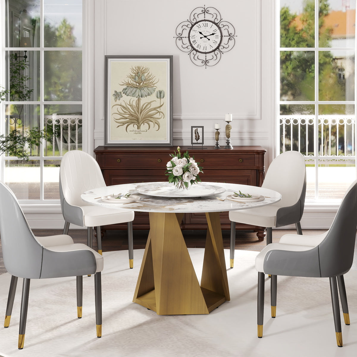 3 Color Round Tabletop Dining Table (53/59inch) – Optional Rotating Lazy Susan, 2-Tone Legs (Black/Antique Brass) for Modern Home